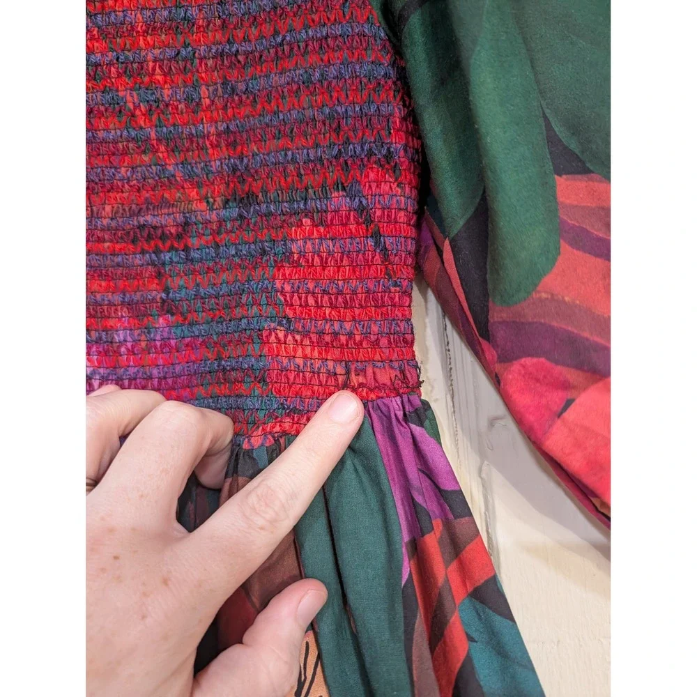 Farm Rio Dark Flowers Smocked Midi Dress Puff Sleeve Floral XS - Picture 10 of 16